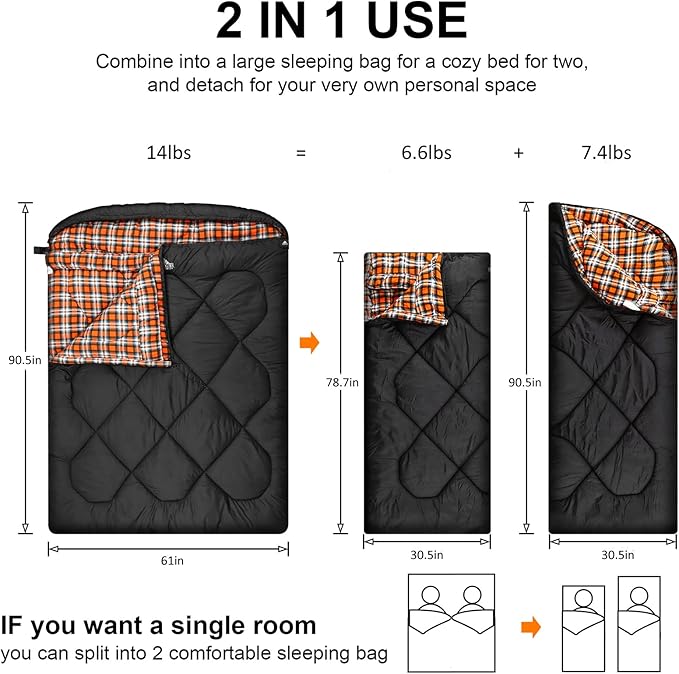 AGEMORE 0 Degree Double Sleeping Bag for Adults, Cotton Flannel Lined 2 Person Queen Size Warm Sleeping Bag for Family Winter Camping or RV Traveling