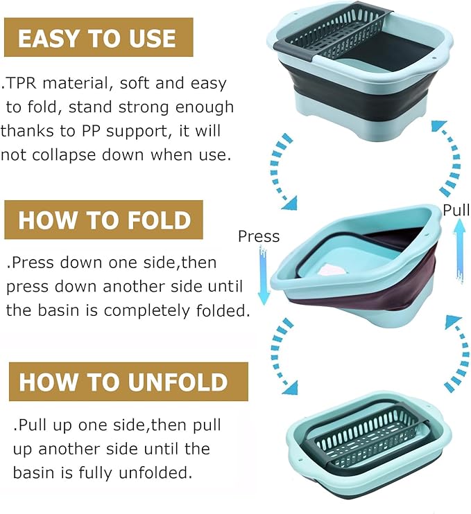 11L（2.91 Gallon） Collapsible Dish Basin with Drain Plug, Space Saving Outdoor Multiuse Foldable Sink Tub, Dishpan, Portable Kitchen Storage Tray for Vegetable Washing, Camping, RV (Green)