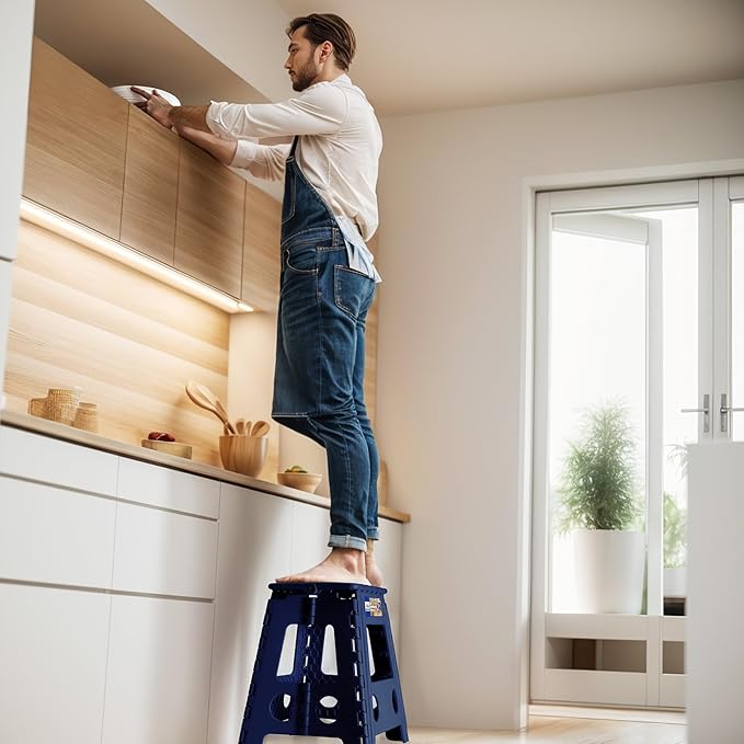 ACKO Folding Step Stool Foldable 16 Inch 400 lbs Capacity, Plastic Stools for Adults and Kids, Collapsible Stools for Kitchen, Stepping Stool with Handle(Royal Blue)