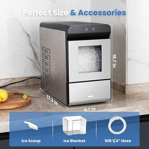 Gevi V2.0 Countertop Gemi Nugget Ice Maker | Self-Cleaning Pellet Ice Machine | Stainless Steel Housing |16.7''H Fits Perfectly Under Wall Cabinet | Silver with Viewing Window