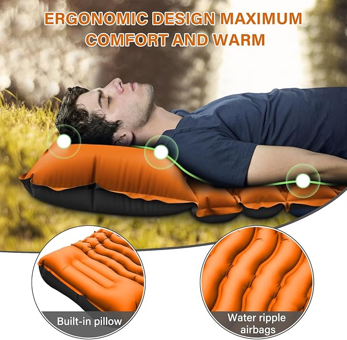 Camping Sleeping Pad, Ultralight Camping Mat with Pillow Built-in Foot Pump Inflatable Sleeping Pads Compact for Camping Backpacking Hiking Traveling - Orange