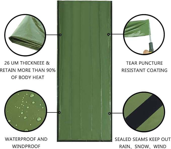 Delmera Emergency Sleeping Bag, Lightweight Survival Sleeping Bags Waterproof Thermal Emergency Blanket, Bivy Sack Survival Gear for Outdoor Adventure, Camping, Hiking, Orange, Green