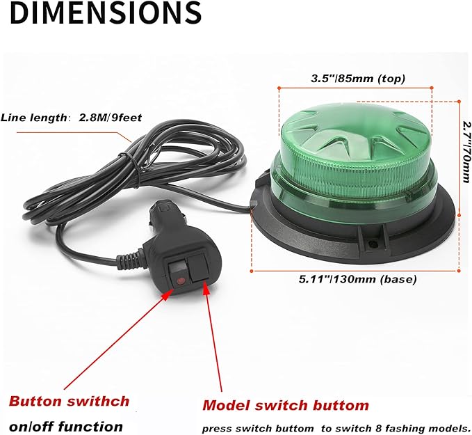 Green Led Emergency Strobe Beacon Lights with Magnetic Mount and 8 Flash Models Warning Safety Flashing Rooftop Signal Lamps for Vehicles Forklift Truck Tractor Golf (24-LED 12V-24V)