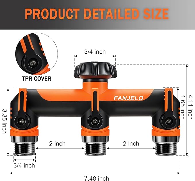 3 Way Hose Splitter, Heavy Duty Garden Water Hose Bib Spigot Splitter, Faucet Splitter with Shutoff Valve, Garden Hoses Connector for T Adapter, 3/4 - Inch GHT Thread (Orange)