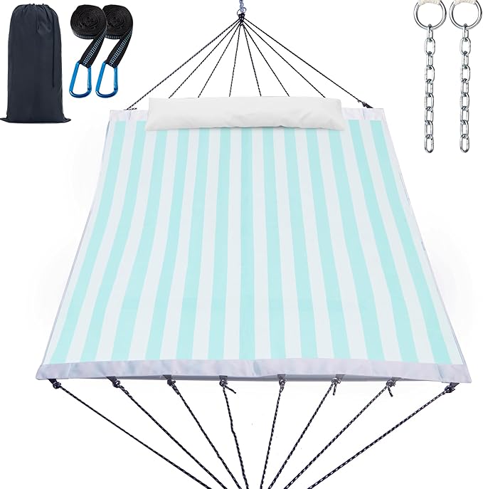 14ft Two Person Outdoor Hammock, Portable Camping with Folding Steel Spreader Bar, Carrying Bag, Carabiners, Tree Straps, Pillow & Sidebag, Quick Dry Textilene, 550 lbs Capacity (Cyan)
