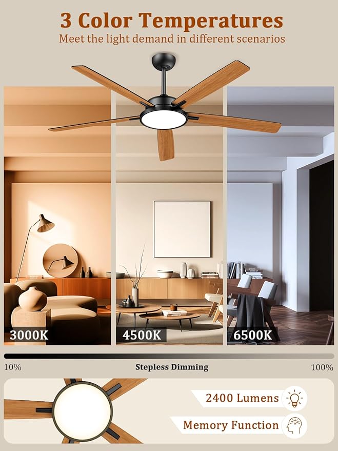 TALOYA Large Ceiling Fans with Lights and Remote, Reversible Quiet DC Motor, 6 Speeds, 3CCT, Dimmable, 62 inch Black Modern Ceiling Fan for Patios, Living room, Bedroom, Farmhouse, Indoor, Outdoor