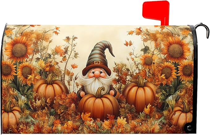 Fall Gnome Mailbox Cover Magnetic Large Size 25.5x21 inch Autumn Pumpkin Sunflower Post Letter Box Wrap Seasonal Dust-Proof Letterbox Covers Protection for Home Outdoor Garden Yard