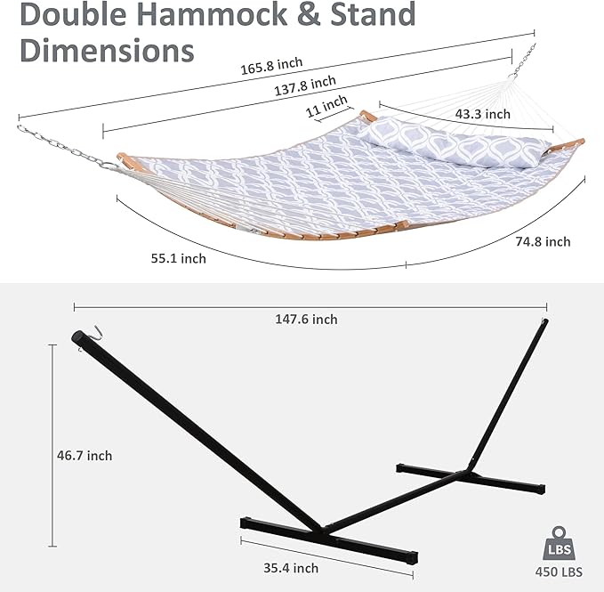 SUNCREAT Hammocks Outdoor Hammock with Stand, 450 lbs Capacity, 2 Person Hammock with Stand, Gray Drops