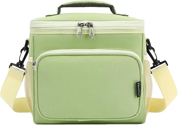 FlowFly Insulated Reusable Lunch Bag Adult Large Lunch Box for Women and Men with Adjustable Shoulder Strap,Front Zipper Pocket and Dual Large Mesh Side Pockets,Light Matcha
