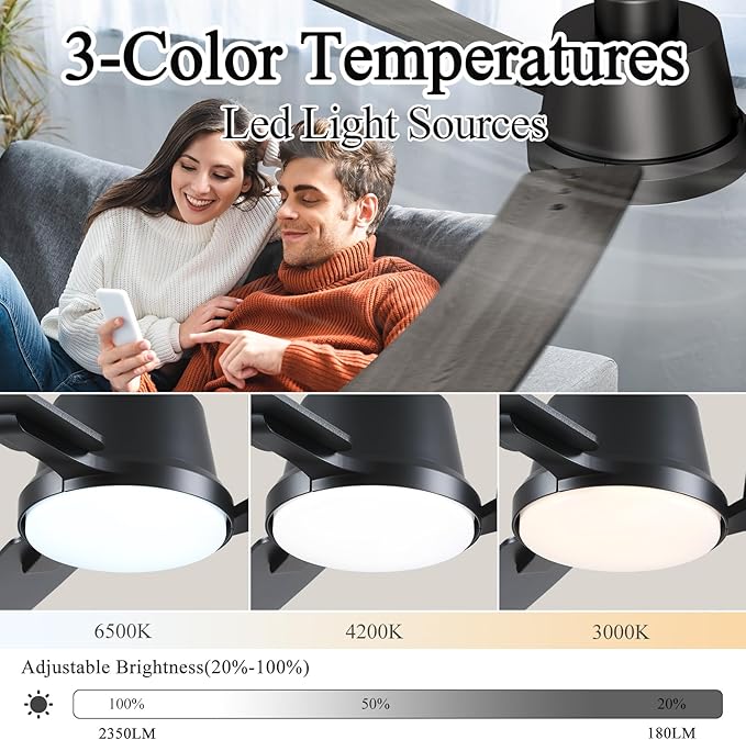 52 Inch Ceiling Fans with Lights,Low Profile Ceiling Fan,Modern Flush Mount,Reversible 6 Speeds,3CCT Dimmable Noiseless Black Ceiling Fans for Living Room,Bedroom and Patio,ETL Listed