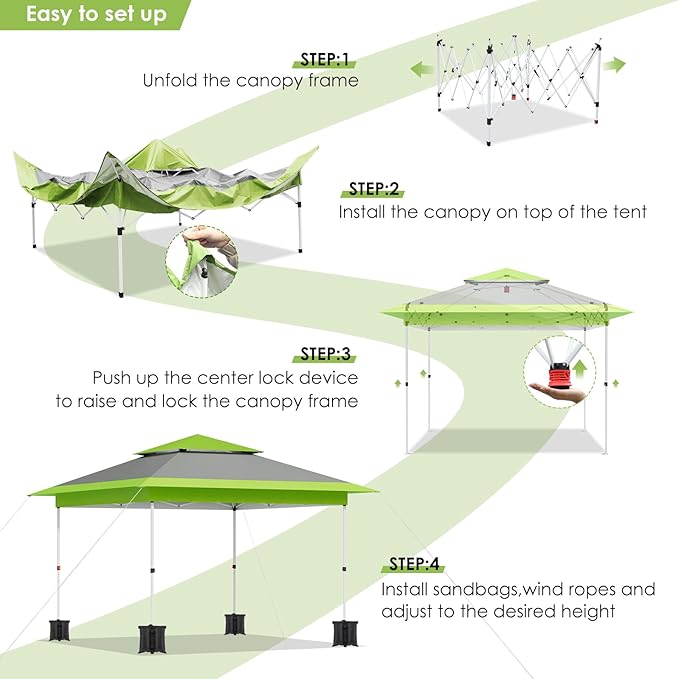 TLSUNNY 13X13 Pop Up Canopy Tent, Camping Shader W/Overhanging Eaves & Sand Bag, Outdoor Gazebo Shelter W/One Push Setup & Wheeled Bag, Height Adjustable, for Patio, Market, Party (Green, 13FTX13FT)
