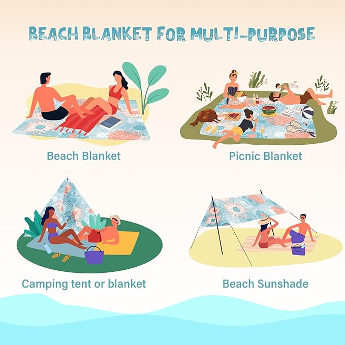 Beach Blanket Waterproof Sandproof 1-7 Adult Oversized 78 '' × 81 '' Lightweight Durable Compact Sand Free Beach Mat for Travel Camping Hiking Picnic Blanket Extra Large