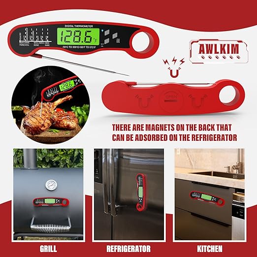 AWLKIM® Digital Meat Thermometer for Cooking - IP67 Waterproof Kitchen Thermometer with Backlight and Hold, Fast Instant Read Thermometer, Candy Making, Outside Grill, Stocking Stuffers for Men-2 pack