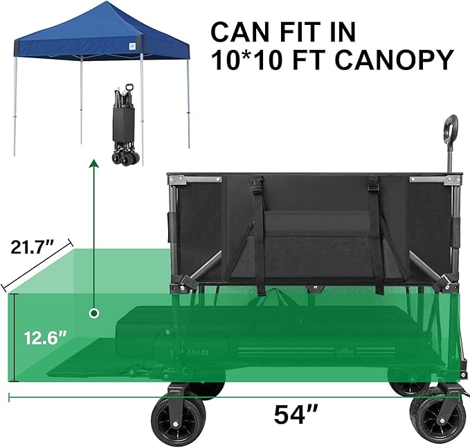 Double Decker Wagon 600lb Capacity & 400L Collapsible Sports Wagon with Big Wheels 54" Extended Utility Folding Cart for Camping Fishing & Outdoor Use