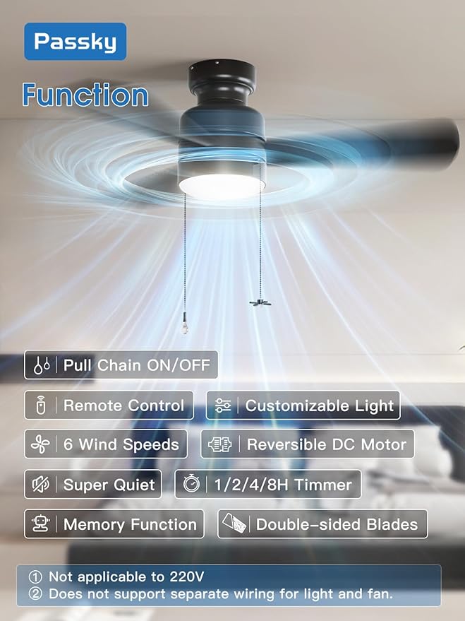 Ceiling Fans with Lights, 42 inch Low Profile Ceiling Fan with Pull Chain and Remote Control, Flush Mount, Reversible, 5CCT, Dimmable, Noiseless, Black Pull Cord Ceiling Fan for Bedroom