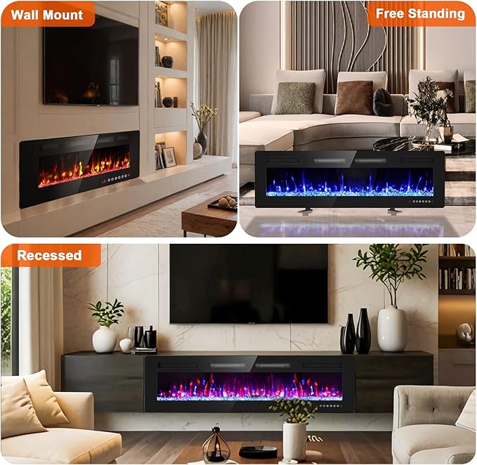 BREEZEHEAT 60 Inch Ultra Thin Electric Fireplace-Freestanding or Recessed Wall Mounted Fireplace Heater, Remote Control, Touch Screen, 750W/1500W, 8H Timer for Living Room, Bedroom, Office
