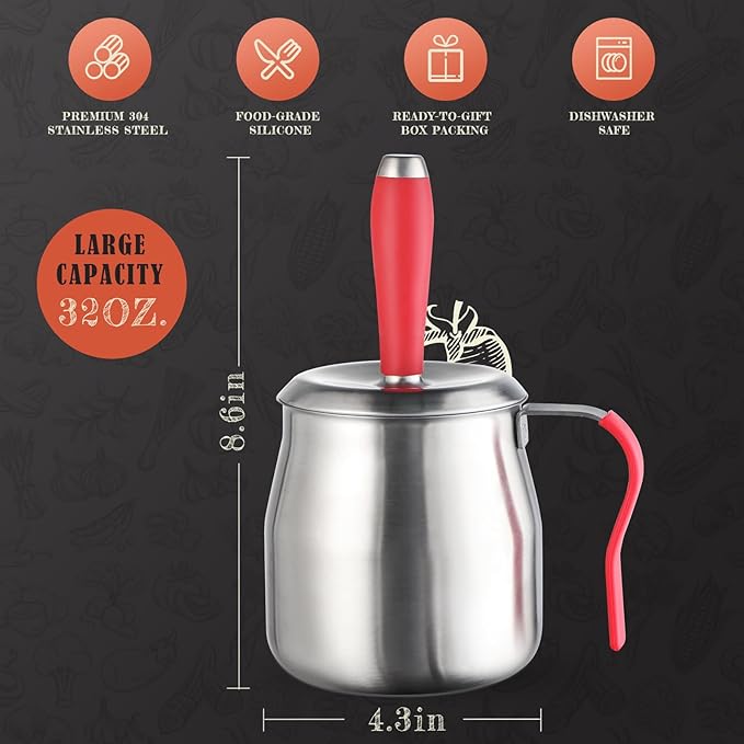 32 OUNCE BBQ Basting Pot with Brush，Grilling Gifts for Men/Women，Stainless Steel 304 Barbecue Sauce Container Brush Set，Airtight Melting Pot for Grill,Kitchen，Camping