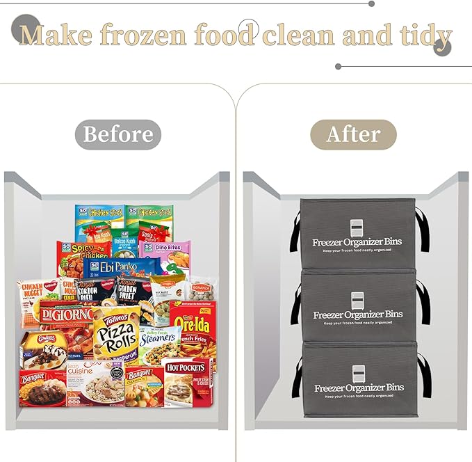 Freezer Organizer Bins, 4 Pack Collapsible Deep Freezer Organizer Bins for 15"x14"x9", freezer Storage Bins with Removable Dividers, Handles (Dark Grey, 4 Pack)