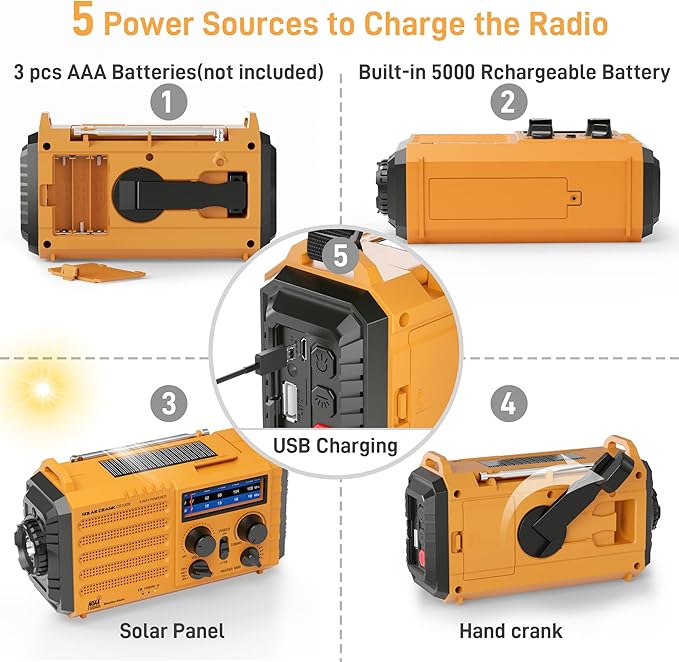 Emergency Radio with NOAA Weather Alert– 5000mAh Solar Hand Crank Portable AM/FM Shortwave Radio, Rechargeable Battery, USB Charger, Flashlight, SOS Alarm for Home Outdoor Hurricane Survival