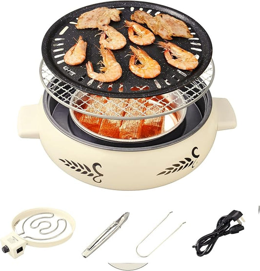 2 IN 1 Smokeless Indoor Electric BBQ Grill/Portable Charcoal Grill with Grill Pan and Grill Net,for Indoor Outdoor Cooking, Bonfire, Patio, Backyard Picnic