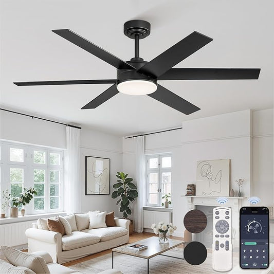 52 Inch Ceiling Fans with Lights and Remote, Reversible 6 Blades, Dimmable, 3000K-6000K Adjustable, Outdoor Ceiling Fans for Patios, Large Ceiling Fan for Indoor or Covered Outdoor, Black