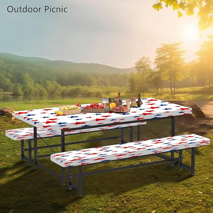 CAPSCEOLL Picnic Table Cover with Bench Covers 8Ft 4Th of July Waterproof Camping Tablecloth All-Weather Outdoor Table Protector with Drawstring Bag for Camping Essentials, 96X30In, Stars