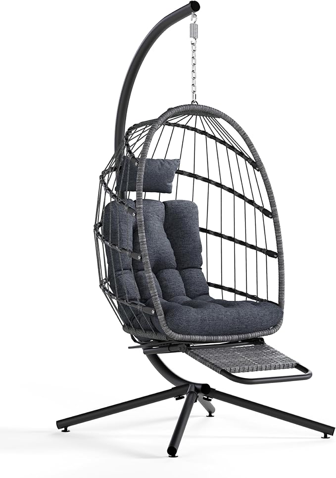 SWITTE Egg Chair Outdoor with Footrest & Stand, Indoor Wicker Hanging Egg Swing Chair with Cushion for Patio, Bedroom, Garden - Dark Gray