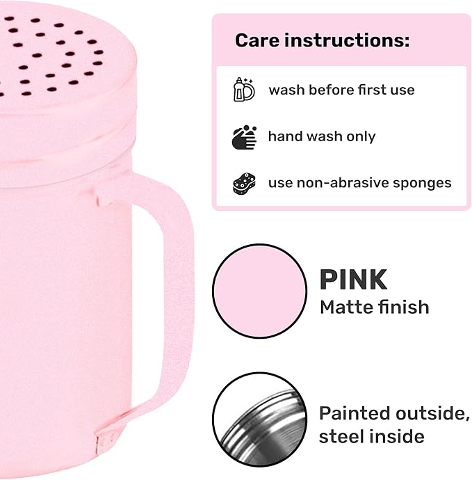 CUSINIUM 14oz Pink Stainless Steel Salt Pepper Dredge Shakers - With Plastic Cap - With Handle - Pack of 2