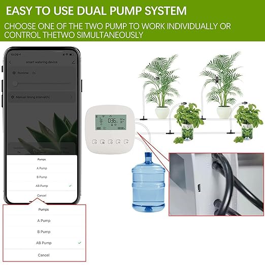 Drip Irrigation System, 2 Pumps for Zone Watering, Programmable Weekly Timer, 20 Adjustable Drippers & 35FT Tubing, Automatic Garden Watering Kit for Lawn/Greenhouse.44D