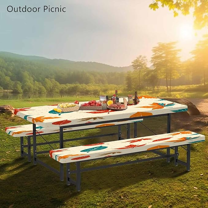 CAPSCEOLL Fitted Picnic Table Cover with Bench Covers with Elastic 6Ft Waterproof Camping Picnic Table Cover Cloths for Outdoors Camping Tablecloth with Drawstring Bag, 72X30in, Maple Leaf