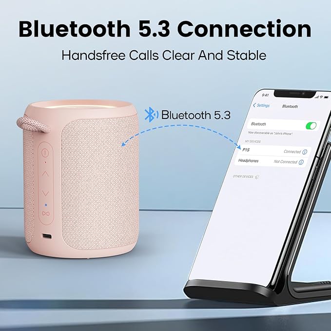 Bluetooth Speaker Wireless,IP67 Waterproof & Dustproof Portable Speaker with Lights,15W Loud Stereo Sound, 2500mAh Battery All Day Playtime, TWS Pairing, BT5.3, Home/Party/Outdoor/Beach (Pink)