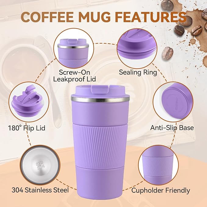 12OZ Travel Coffee Mug Insulated Coffee Cup with Spill Leak Proof Lid, Portable Stainless Steel Tumbler Reusable Hot and Cold Water Mug for Car, Daily, Camping- Purple