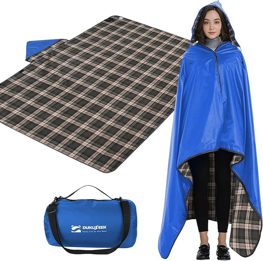 DUKUSEEK Outdoor Stadium Blankets with Hood, Fleece Blankets, Quilted, Extra Thick Fleece, Warm, Windproof, Sandproof, Includes Stuff Sack, Shoulder Strap