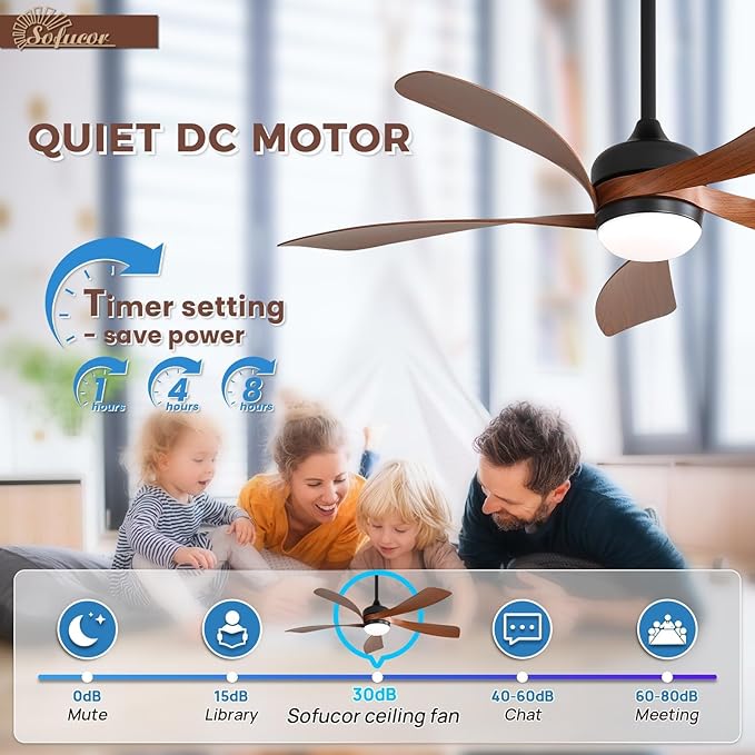 Sofucor 52 Inch Ceiling Fans with Lights and Remote, Outdoor Ceiling Fan with Light 6-Speed 3 CCT 3-Timer, Low Profile Ceiling Fan 5 Blade Reversible DC Motor for Living Room Bedroom Patio