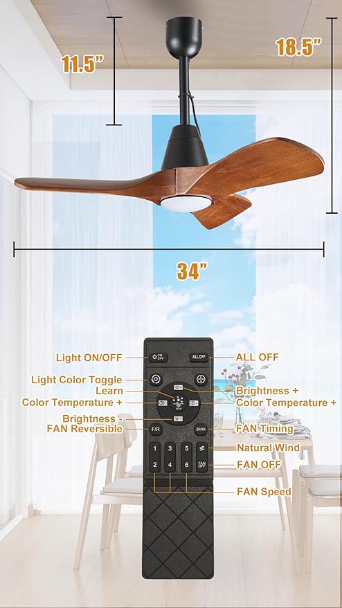 3 Blades Wood Outdoor Ceiling Fan with Light for Patios, Farmhouse Rustic Ceiling Fans with Lights, 34" Plug-In Wet Rated Outdoor Gazebo Fan with Light for Exterior House Porch Patio, Waterproof, F245