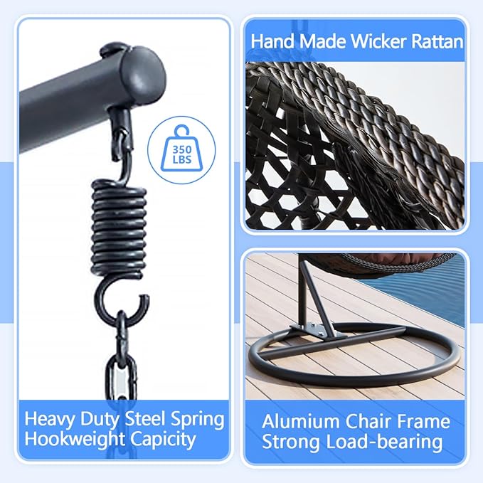 JUFU Egg Swing Chair with Stand,Hanging Egg Chair Indoor Outdoor,Hammock Hanging Basket Chair with Aluminum Steel Frame，Patio Egg Chair with Removable Cushions for Patio Balcony Backyard,Bedrooms