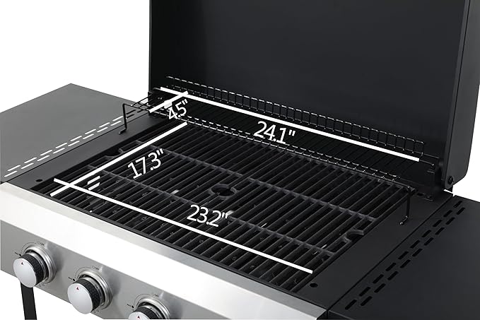 4-Burner Propane Gas BBQ Grill, SS Plancha, 49200BTU Output With Wire Enamel Cooking Grids For Outdoor Barbecue,Stainless Steel Foldable Side Table,Hanging Basket,Black Silver