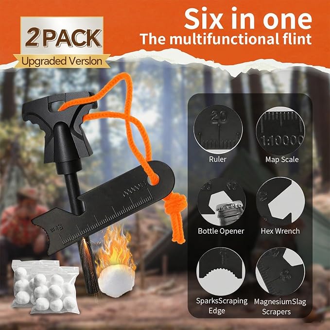 2PCS Magnesium Fire Starter with Striker, High Temp Magnesium Rod, Fire Starters for Survival Fire Steel Fero Rod, for Camping, Hiking and Emergency