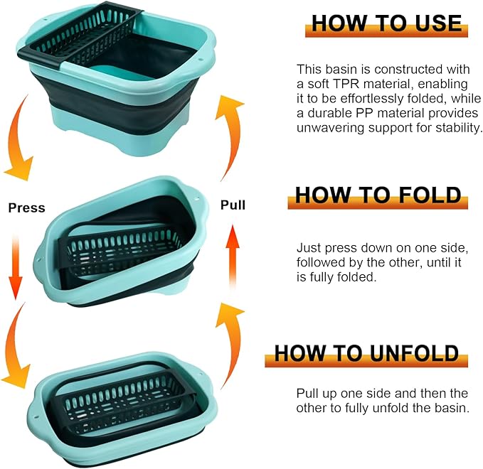 2.77 Gallon (10.5L) Collapsible Dish Basin with Drain Plug, Green Camping Dish Basin for RV, Space-Saving Foldable Wash Tub, BPA-Free Portable Sink for Vegetables and Dishes- with Brush