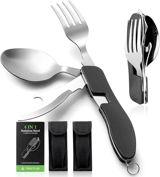 HIKENTURE Camping Utensils with Case 4-in-1 Folding Flatware Stainless Steel Fork Knife Spoon Bottle Opener Travel Cutlery Hobo Multitool Set(Black 2 Pack)