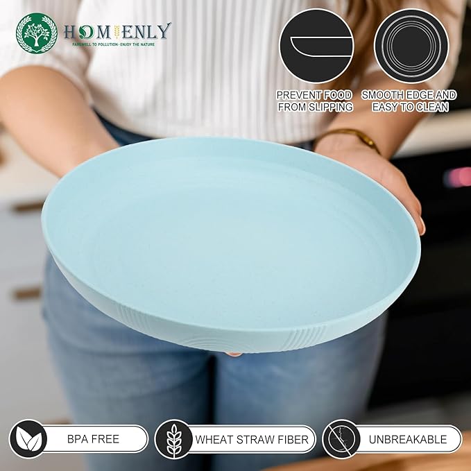 Homienly Wheat Straw Plates, Salad Plates 10 inch Set of 8, Reusable Plates for Kitchen, Kids, Camping, Picnic, Party, Microwave and Dishwasher Safe Plate Set for Kids - Light Blue