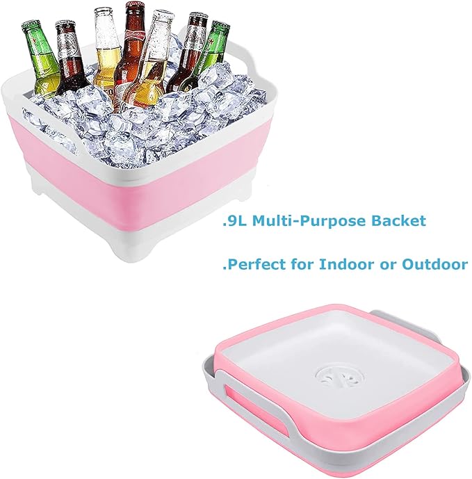 Collapsible Wash Basin 9L, Foldable Dish Tub with Drain Plug, Portable Collapsible Dish Basin, Camping Sink for Washing Dishes, Laundry & Kitchen Use (Pink)