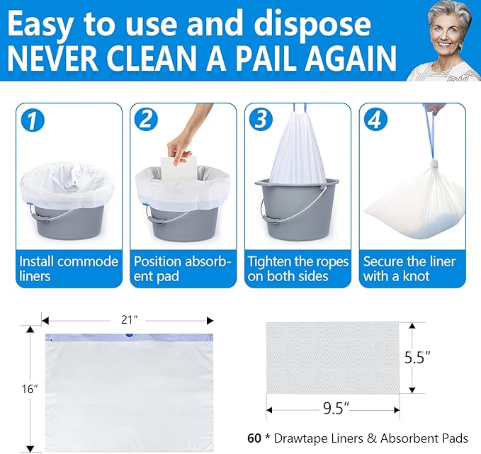 Commode Liners with Highly Absorbent Pads - [Pack of 60] - Bedside Commode Liners Disposable - Medical Grade - Leak-Proof - Toilet Liners Disposable Adult