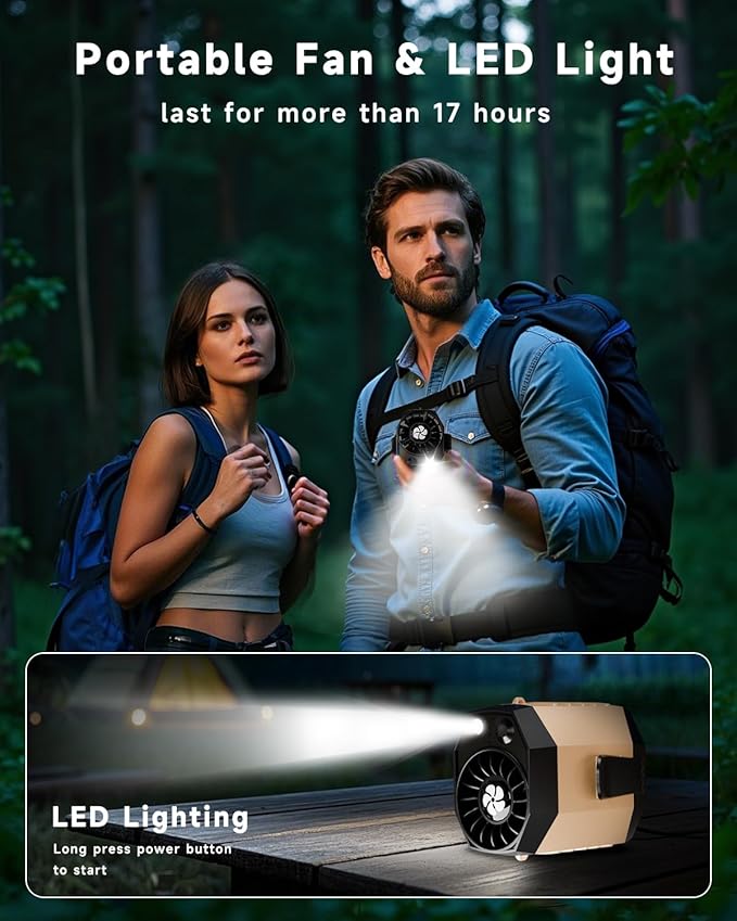 2025 Smart Portable Rechargeable Fan with LED Light & 25H Runtime, 4-Speed 9200RPM Turbo Cooling Personal Waist Fan, Wearable Neck & Belt Clip for Camping, Outdoor, Hiking - Khaki