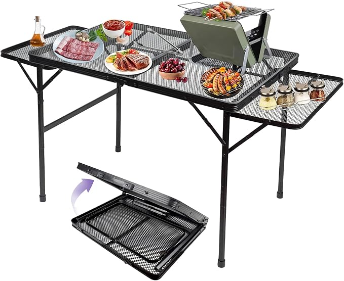 BRIAN & DANY 3x2 FT Camping Table with 2 Wing Panels, Folding Grill Table, Metal Portable Picnic Table, Lightweight Height Adjustable Foldable Table for Outdoor, Black