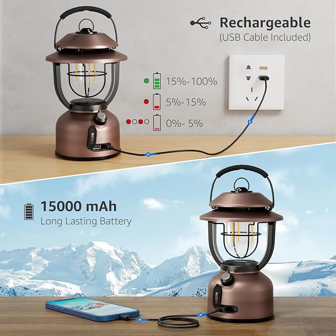Lepro Retro Classic LED Camping Lantern, High Lumens, Daylight White 2500K and 5000K, Dimmable, USB Rechargeable, Waterproof for Camping, Vintage Decoration and Emergency (USB Charging Cable Included)