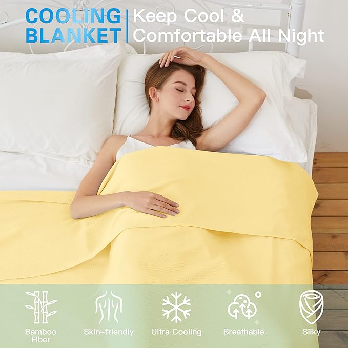 AmyHomie Cooling Blanket Queen Size, 100% Rayon Derived from Bamboo, Cool Summer Blanket for Hot Sleepers, Soft Comfy Lightweight Blankets for All Seasons(Light Yellow, 90×90in)
