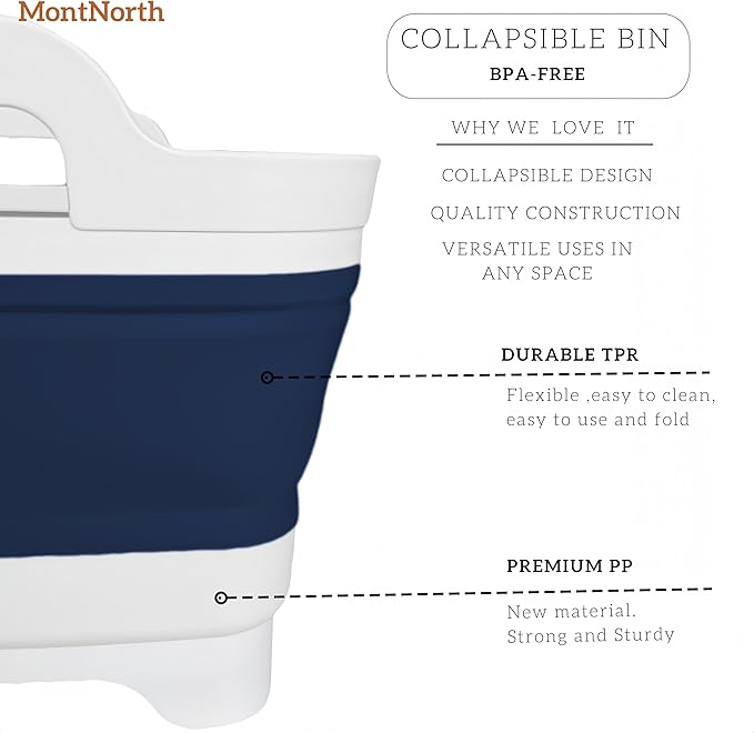 Collapsible Wash Basin 9L, Foldable Dish Tub with Drain Plug, Portable Collapsible Dish Basin, Camping Sink for Washing Dishes, Laundry & Kitchen Use (Navy Blue)