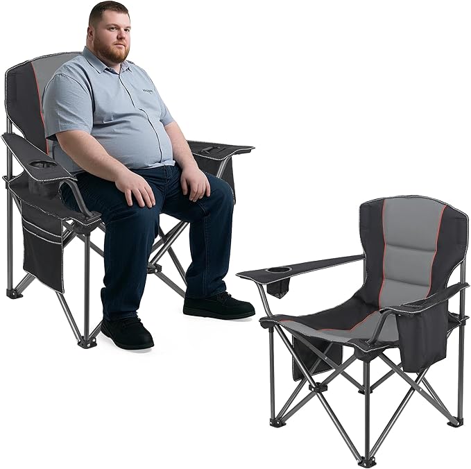 2 Pack Heavy Duty Oversized Camping Chair for Adults 400lbs w/Lumbar Support - Folding Chairs with Side Pocket, Cup Holder & Cooler Bag for Beach, Fishing, Lawn, Backyard Black