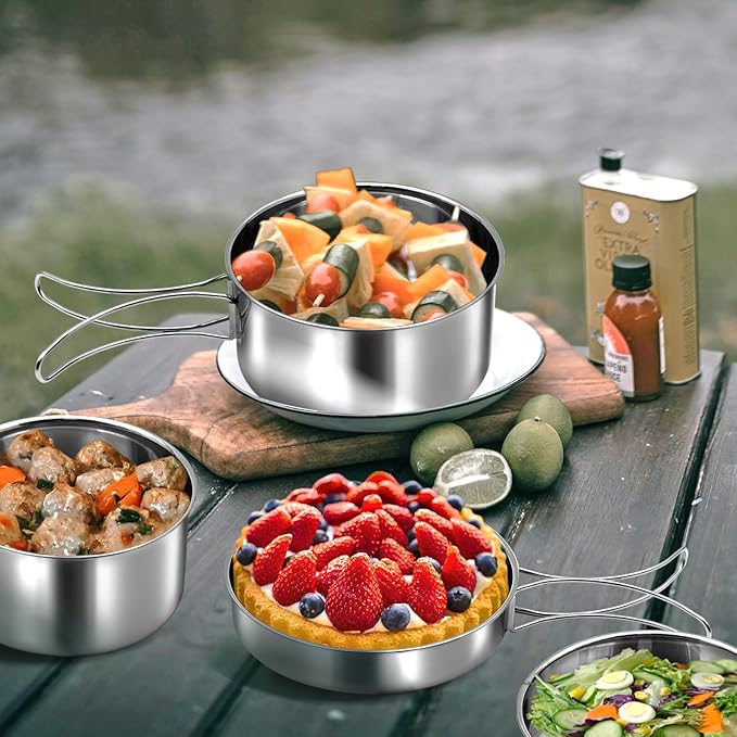 18/8 Stainless Steel Camping Cook Pot Set of 4 pcs, Camping Messware Kit, Camping Cooking Set, Backpacking Camping Cookware, Picnic Camping Cooking Mess Kit